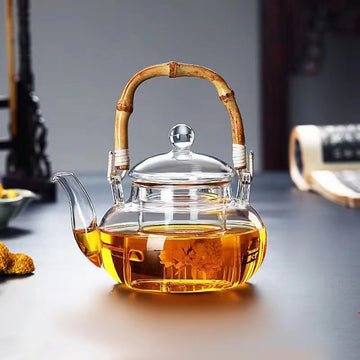 Vintage Bamboo Tea Set Glass Ring Handle Teapot